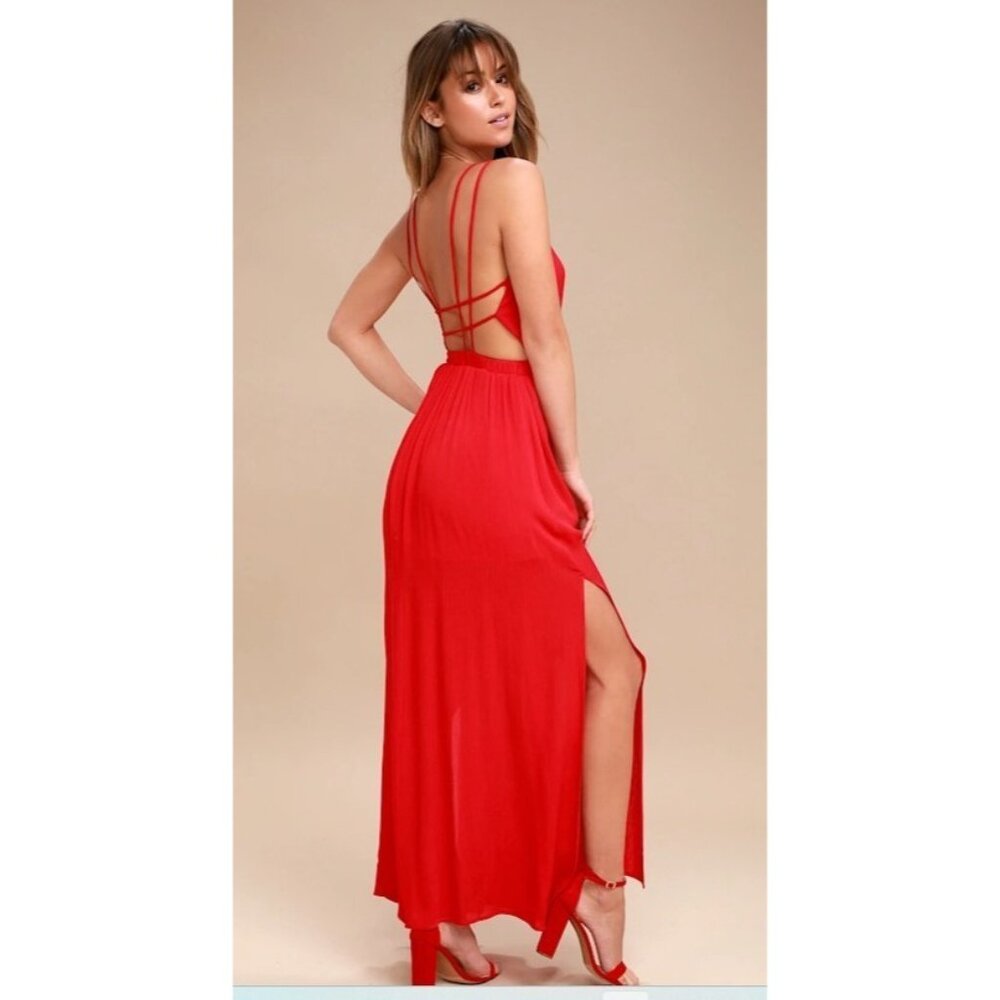 Lulus Lost In Paradise Red Maxi Dress Strappy Open Back Side Slit Sz S Sexy - Picture 2 of 7